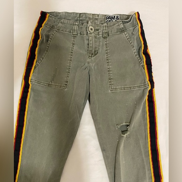 PAM AND GELA Army Green Striped Side Distress Pants Womens Size 24 - Picture 4 of 8